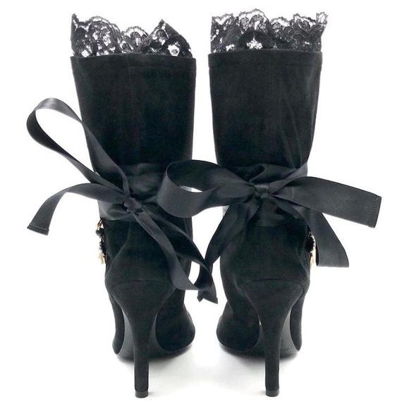 Dolce and Gabbana Black Suede Charm Tie Around Peep Toe Ankle Boots - Picture 2 of 11